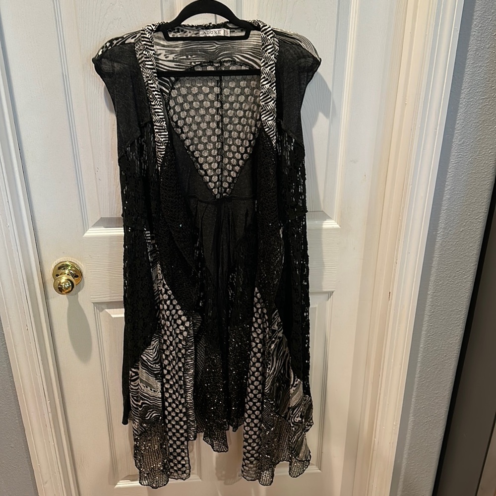 Adore Mesh Cardigan Vest Black White lace Sleeveless Art to Wear Artsy small